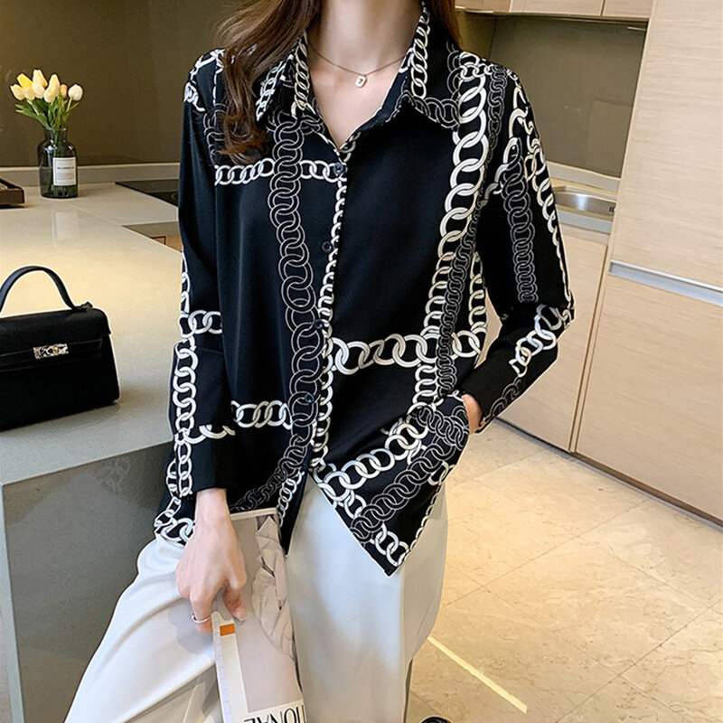 Loose White Korean Shirts for Women Turn-down Collar Vintage Chain Print Female Autumn Office Blouses Long Sleeve Tops Blusa