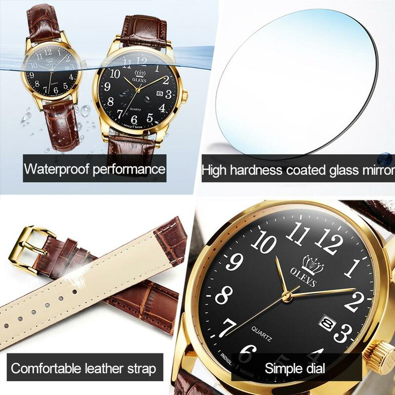Часы OLEVS парные мужские/женские, брендовые Роскошные водонепроницаемые повседневные часы с кожаным ремешком для влюбленных