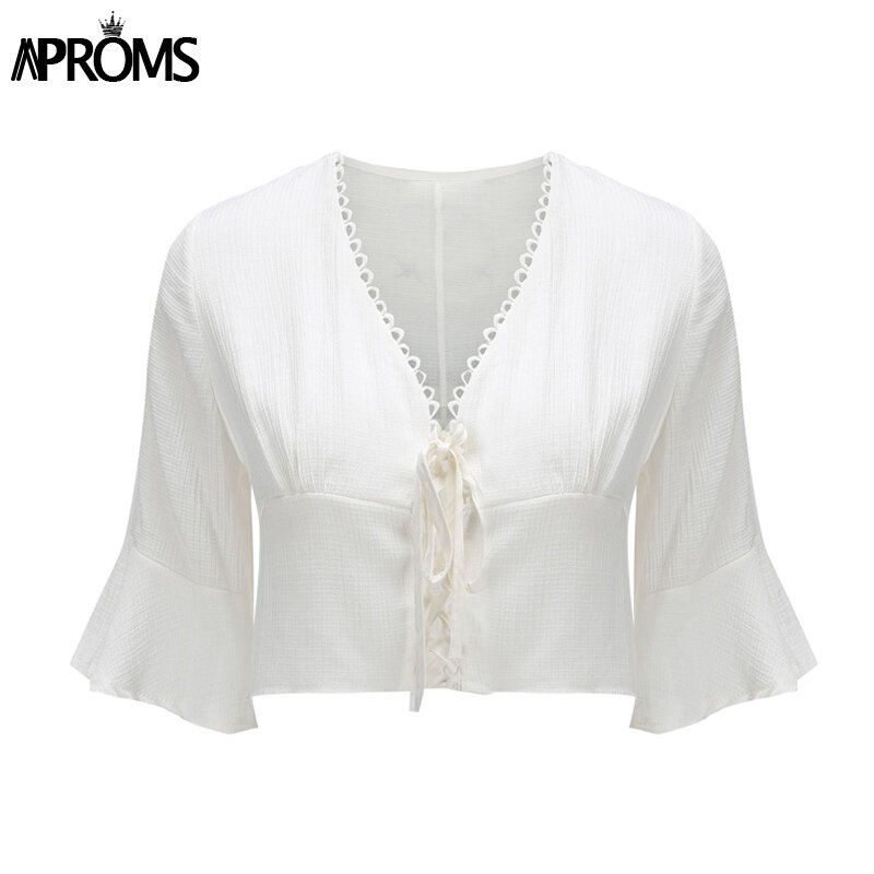 Aproms Elegante Witte Lace Up Shirt Vrouwen Casual V-hals Half Mouw Cropped Blouse Vrouwelijke Zomer Straat Strand Hollow Out Top 2020