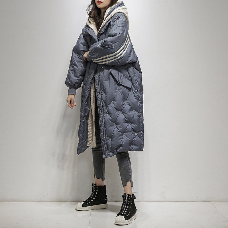 Moda longa para baixo jaqueta feminina 2021 inverno estilo coreano com capuz 90 pato branco para baixo casaco feminino solto casaco