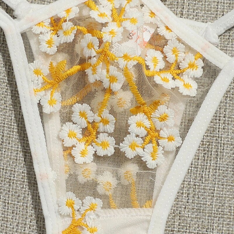 Lencería erótica con bordado de flores para mujer, Tanga de encaje, ropa interior Sexy, conjunto de lencería para dormir