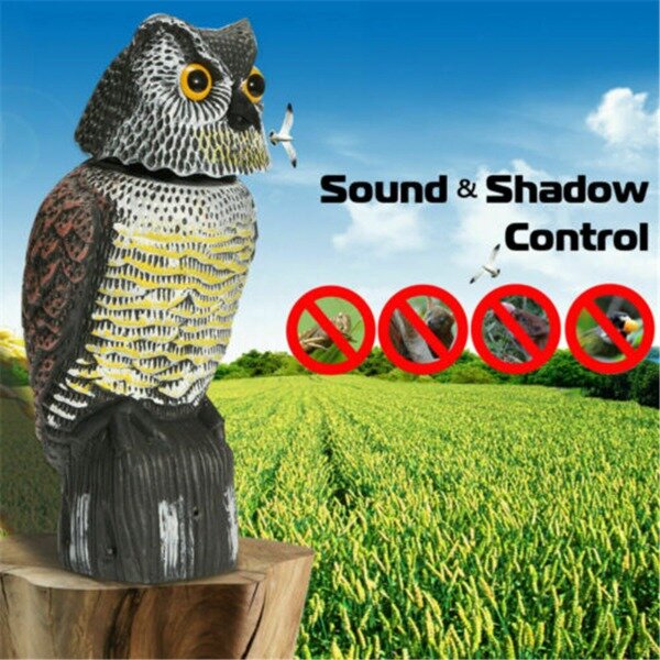 สมจริง Bird Scarer หัวหมุนเสียงนกฮูก Prowler Decoy Protection Repellent Pest ควบคุมหุ่นไล่กา Garden Yard หมุน Mov