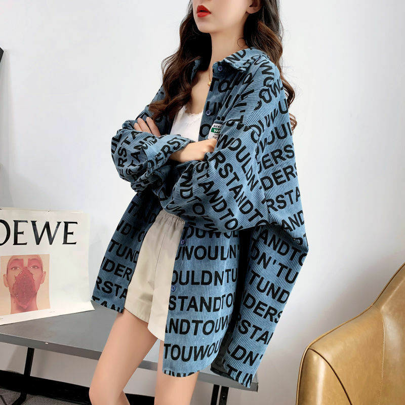 EBAIHUI-Chaqueta de pana holgada con estampado de letras para mujer, abrigo informal de talla grande, camisa azul Vintage, Otoño e Invierno