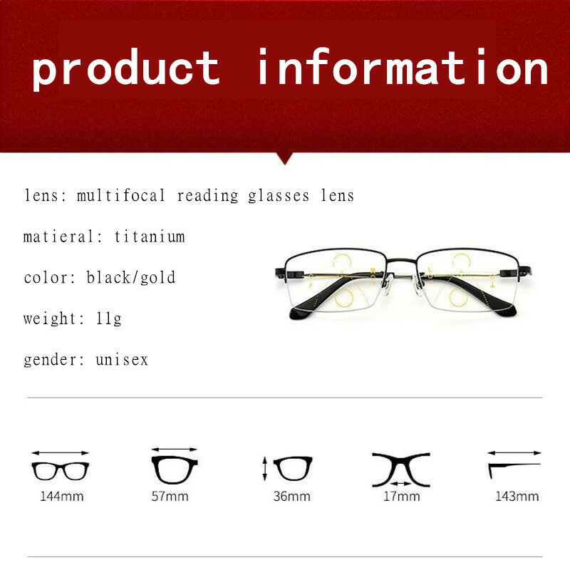2021 금속 다 초점 독서용 안경, 진행 이중 초점 안티 블루 레이 UV 보호 노안 안경 하프 프레임 남성 여성
