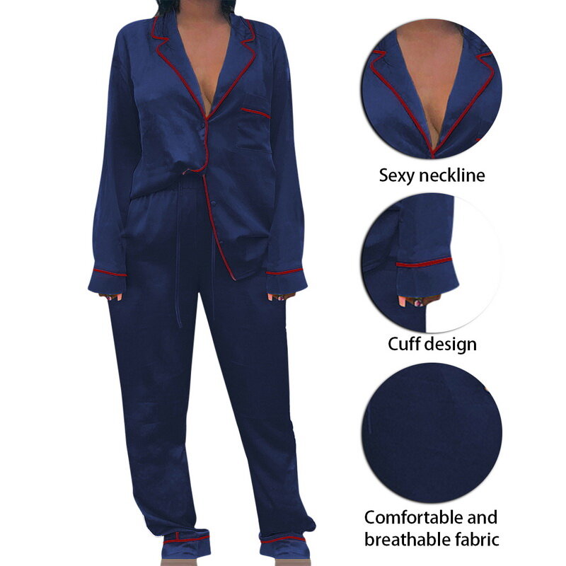 2 Pieces Faux Silk Satin Pajamas Set Autumn and women's winter clothing  Sleepwear Long Sleeve Pajamas for Women's pajamas 2020