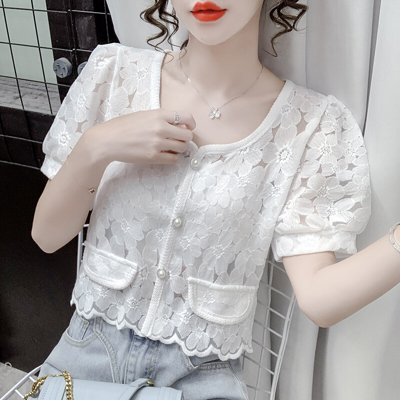 Feminino elegante gola quadrada de manga curta camisa feminina verão rendas bordado bolsos blusa curta roupas femininas 912h