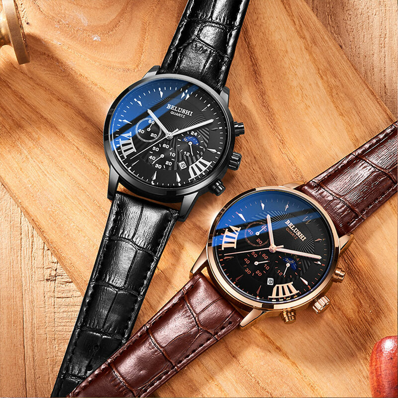 Belushi masculino relógios de quartzo relógios de luxo couro cronógrafo relógio para homem 30m à prova dwaterproof água fase da lua moda relógio masculino 2021