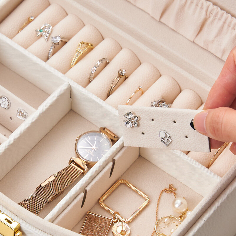 Caja organizadora de joyas, cajón de cuero PU, 2 capas, pendientes y collar, espejo, almacenamiento de maquillaje con soporte de cerradura