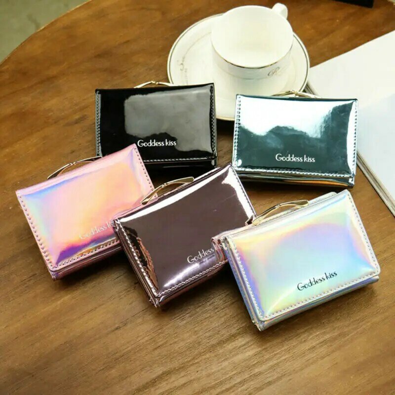 Newest Hot Women Short Small Coin Purse Wallet Ladies Leather Folding Card Card Holder Laser Colorful Coin Purses