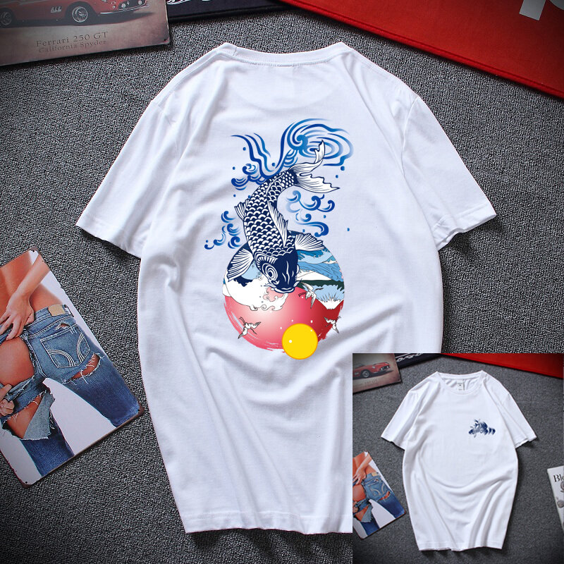 Japanse Stijl Mannen T-shirt Print Wave Karper Vis Tops Tees Mode Hip-Hop Afdrukken Volledige Back Karper Zomer t-shirt