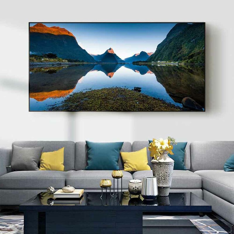 Krajobraz obraz olejny las górski niebieskie jezioro woda sztuka płótno malarstwo salon korytarz biuro home decoration mural