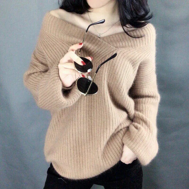 Women Casual  Loose Solid Color V Neck Long Sleeve Knitted Pullover Sweater