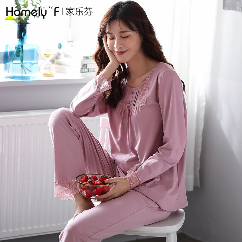 Las mujeres pijamas de primavera y otoño de manga larga de algodón Modal de seda de algodón de ropa de casa primavera fina mamá XL conjunto