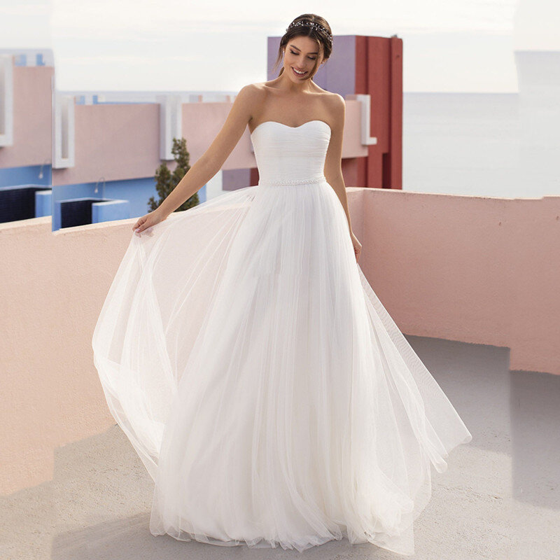 Semplici abiti da sposa senza spalline 2021 senza maniche perline telai Design Backless lunghezza del pavimento pizzo increspato su misura per le donne