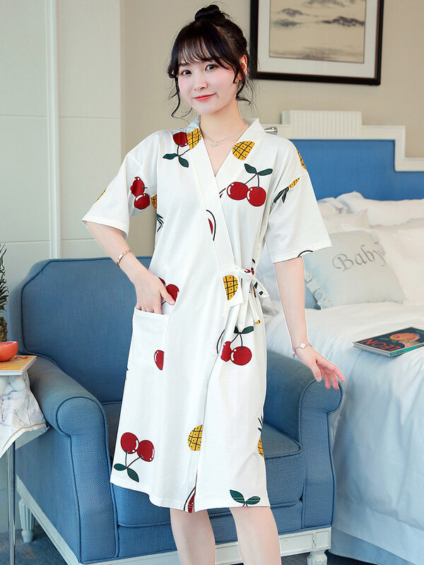 Camisón estilo Kimono para mujer, de longitud media, estilo fino, albornoz de algodón, bata de manga corta