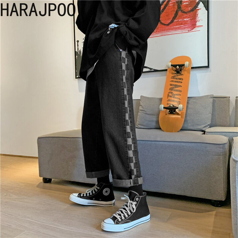 HARAJPOO Người Jeans 2021 Mùa Xuân Mới Bf Hồng Kông Phong Cách Thời Trang Hàn Quốc Bông Tai Kẹp Retro Kẻ Sọc Thẳng Rời ỐNg RộNg quần Tây Triều