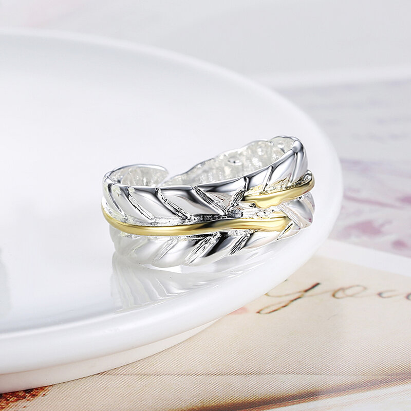 Anel banhado a prata de pena aberta, anéis de cor banhada a prata para mulheres, joias, anel, anel, aneis, bague anelli, presente