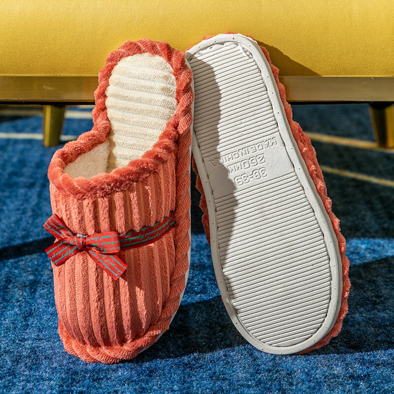 Sandal Rumah Musim Dingin Wanita Sepatu Simpul Pita Uniseks Sandal Rumah Hangat Musim Dingin Lembut Antiselip Sepatu Lantai Pasangan Kamar Tidur Dalam Ruangan