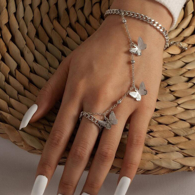 Fashion Trendy Gold And Silver Color Chain Hip Hop Ring Unique Design Punk Creative Butterfly Rings for Women Party Jewelry Gift