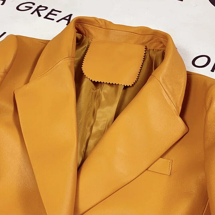 2021 nova chegada feminino único botão simples terno de couro genuíno, casaco de couro real