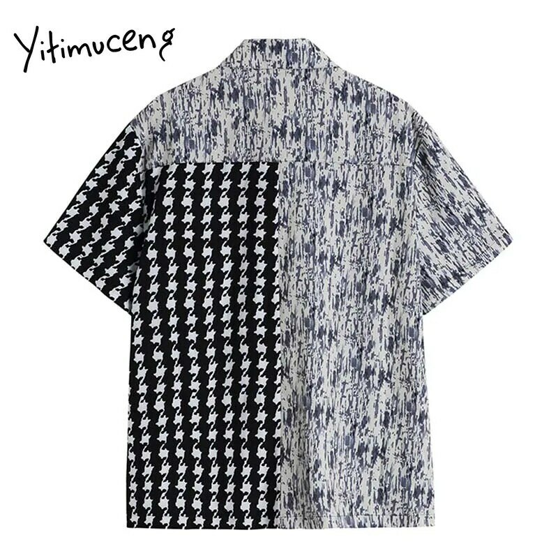 Yitimuceng houndstooth blusa feminina vintage emendado botão de impressão até camisas soltas 2021 verão coreano moda manga curta topos