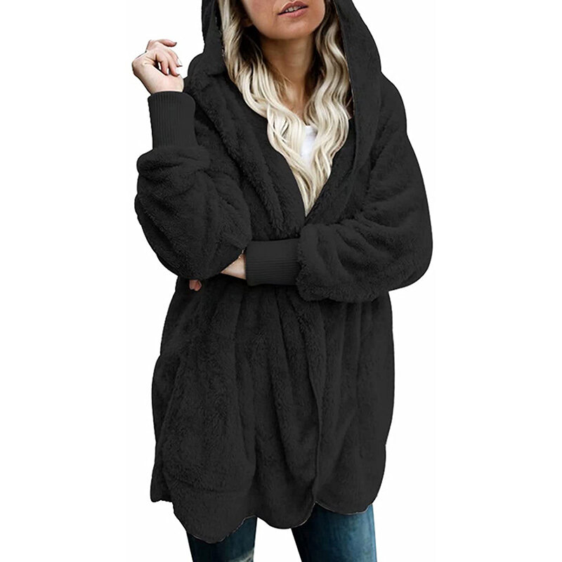 Inverno das mulheres do falso casaco de pele cardigan de pelúcia outwear com bolsos sólido velo fuzzy frente aberta com capuz jaqueta casacos