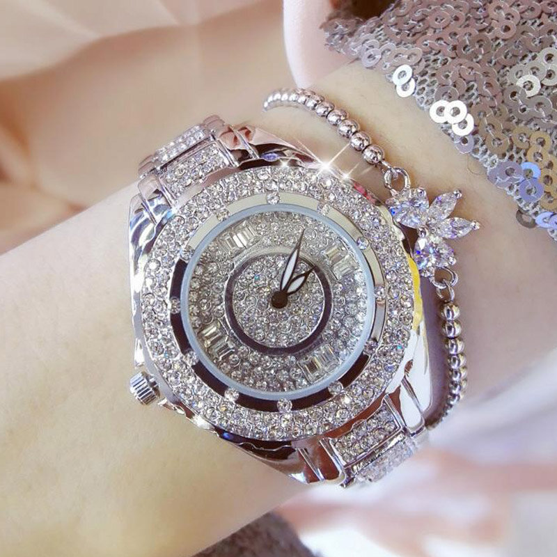 여성을위한 전체 다이아몬드 우아한 시계 시계 럭셔리 패션 스테인레스 스틸 팔찌 숙녀 시계 골드 방수 Zegarek 댐 스키