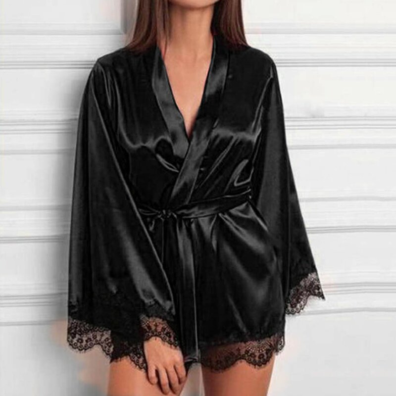 Long Sleeve Robes Women Satin Nightdress Silk Lace Lingerie Comfortable Nightgown Sleepwear Sexy Robe Sleepwear 2021 New