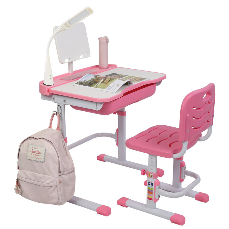 Children Learning Table Chair Sets Pink Kids Study Desk Adjustable 70CM Lifting Table Can Tilt With Reading Stand USB Table Lamp