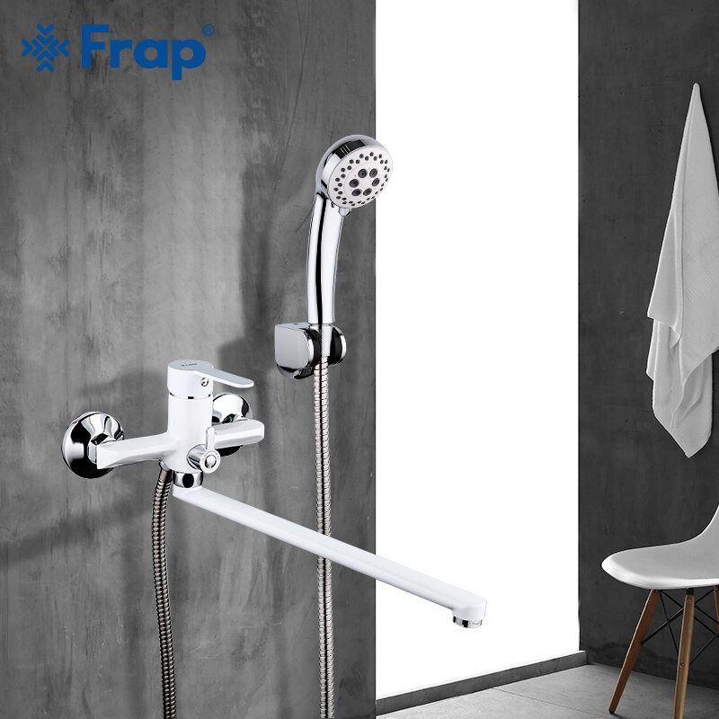 FRAP-grifos de ducha para baño, mezclador de agua en cascada montado en la pared con cabezal de ducha de mano, color negro mate