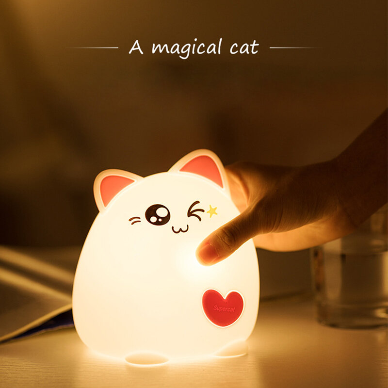 Детский силиконовый светодиодный ночник с милым котенком, детский ночник с ДУ и питанием от USB, цветной режим, светодиодный ночник с ДУ