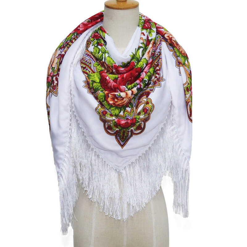 Écharpe carrée russe pour femmes, 135x135cm, en coton, imprimé de fleurs, enveloppes rétro, couverture à franges, grands châles