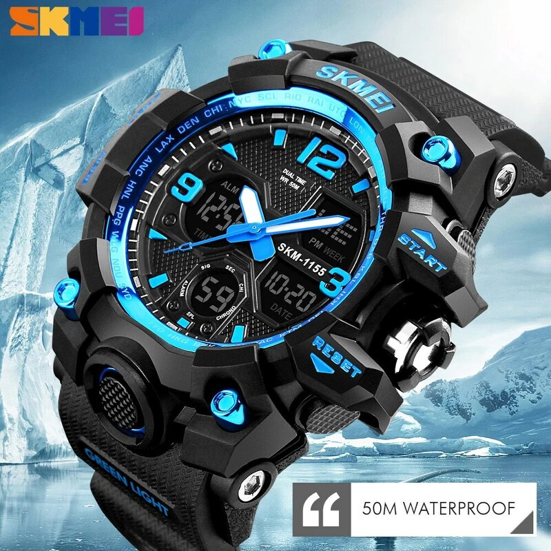 SKMEI 새로운 패션 남자 스포츠 시계 LED 밝은 시계 석영 손목 시계 디지털 시계 군사 위장 방수 시계