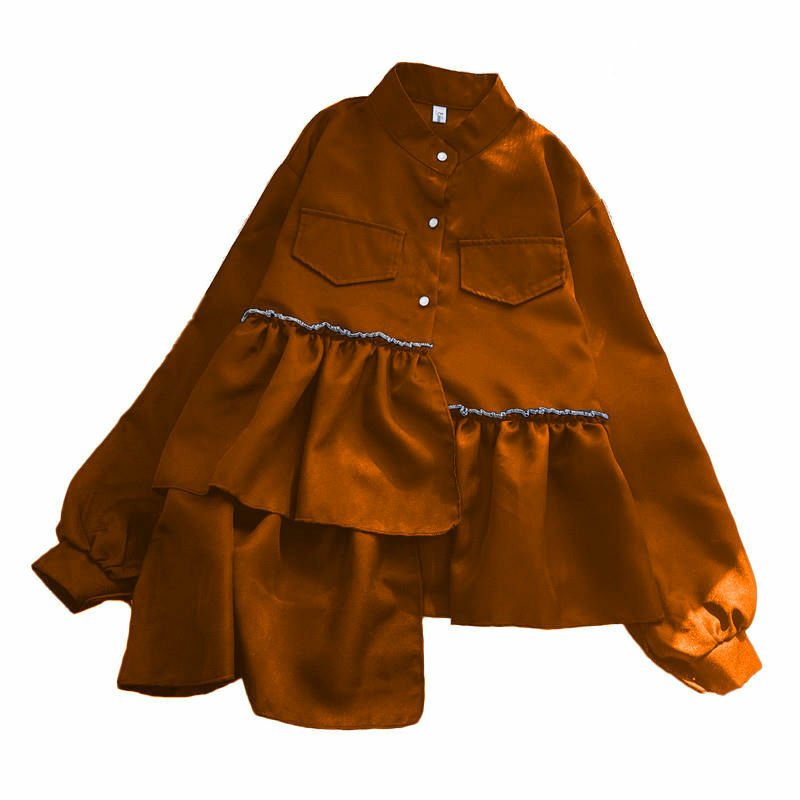 Camisa macia com botão e gola redonda, camisa feminina irregular e comprida, em cor sólida, camisa estilo estrangeiro