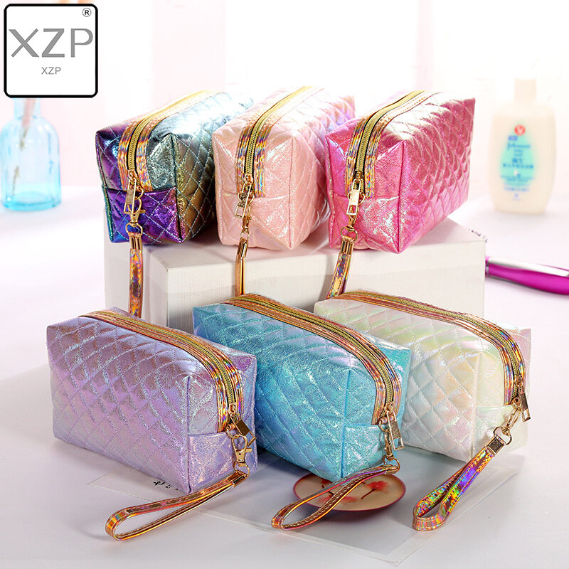 Xzp nova bolsa de cosméticos feminina portátil, para viagem, personalidade, laser, xadrez, bolsa de armazenamento, grande capacidade, lavável, estojo de maquiagem