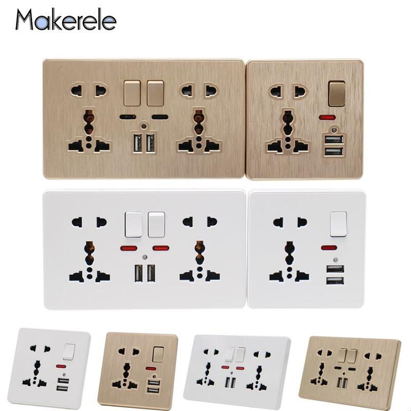 13A Universal Wall Power Socket Outlet Switch Control Socket 5 Holes 2USB Smart Induction Charge Port For Mobile 5V 2.1A
