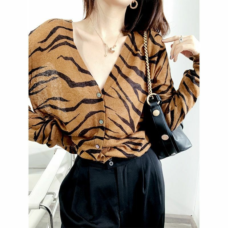 Женский кашемировый свитер с принтом зебры, тонкий трикотажный свитер, женская одежда на осень 2021, рубашки, женская классическая одежда с V-о...