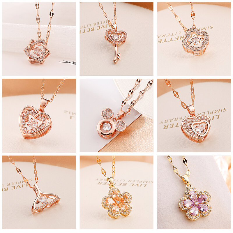 Stainless steel necklace for women neck chain Butterfly Heart key Crown Mickey Pendant link Rose gold Female Jewelry Gift