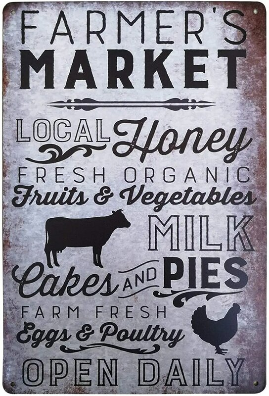 Farmer's Market Open Daily Vintage Metal Sign Distressed Look Farmhouse Country Home Decor 20x30cm