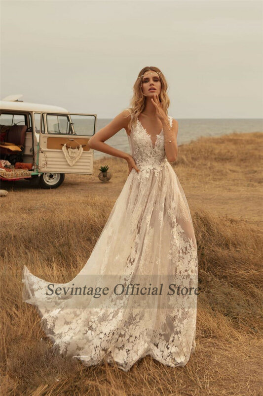 Sevintage Newest Deep V Neck Boho Wedding Dresses Country Lace Appliqued Backless Bridal Gown Sweep Train Robe De Mariée 2020