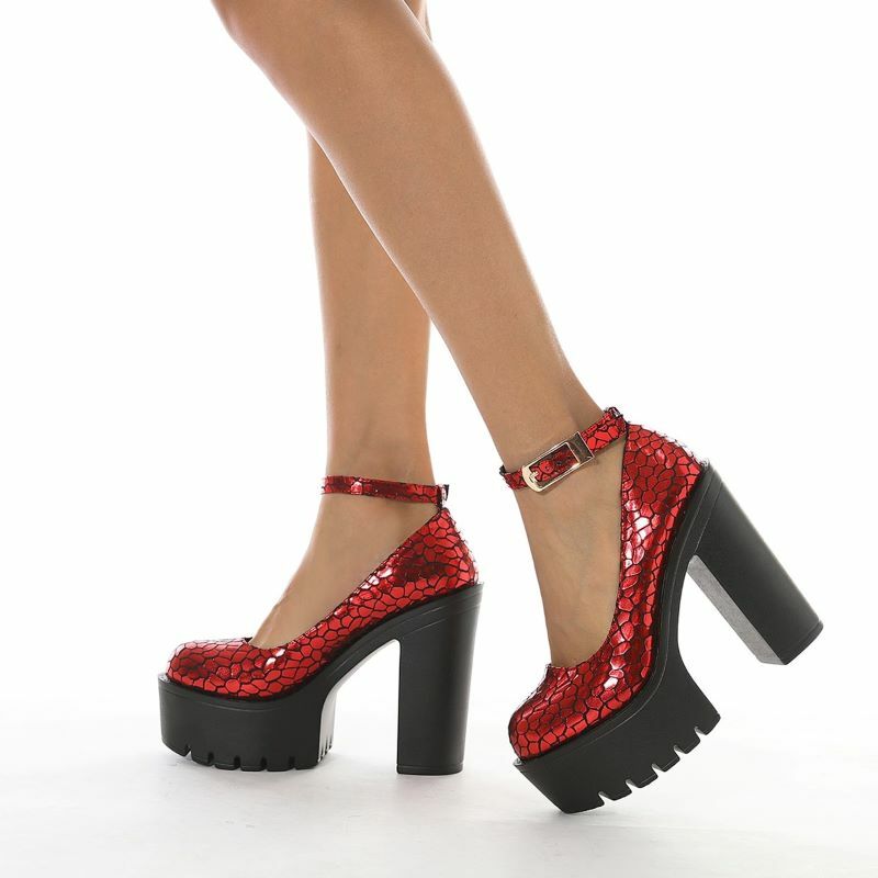Zapatos de tacón grueso con hebilla de plataforma para mujer, calzado de punta redonda, boca baja, impermeable, para club nocturno, 2022