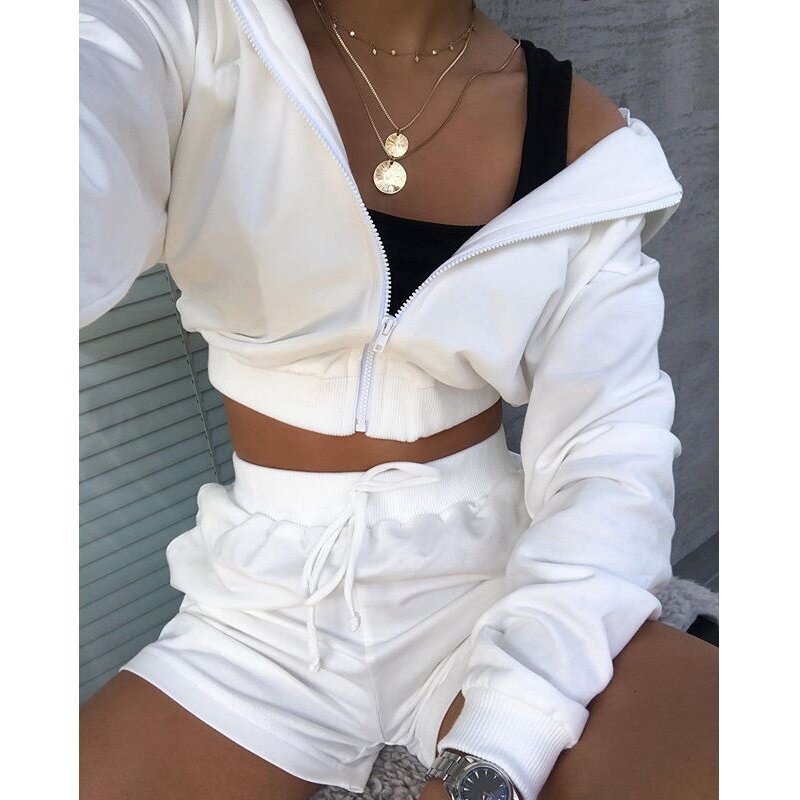 Autumn New Fashion 2Pcs Sports Clothing Suit Casual Womens Zipper Sweater Hoodie Long Sleeve Hoodies+ Shorts Sets