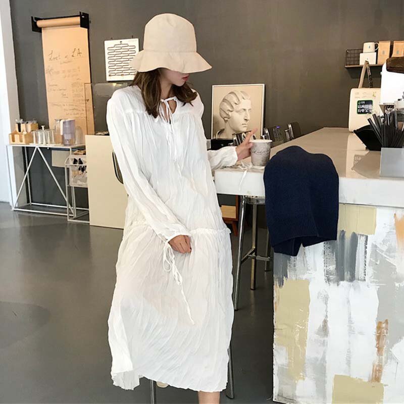 2021 Summer New Korean Vacation Loose Dresses Women Solid Color Daily Pleated O-Neck Sweet College Elegant Stylish Mujer Ulzzang