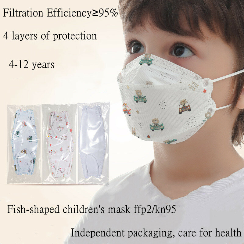 Mascarilla KN95 con filtro FFP2 para niños, máscara facial a prueba de polvo, 4 capas, Homologada, tipo pez, de 4 a 12 años