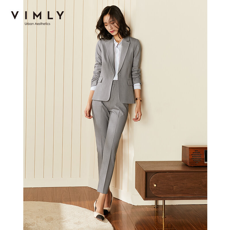 Vimly Autumn Women's Set Fashion Notched Solid Single Button Blazers High Waist Suit Pant Office Work Female Two Piece Set F5772