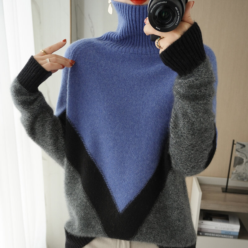 Lafarvie Turtleneck 100% Sweter Wol Atasan Wanita Mode Musim Gugur Musim Dingin Patchwork Lengan Panjang Longgar Pullover Perempuan Ukuran Besar XXL