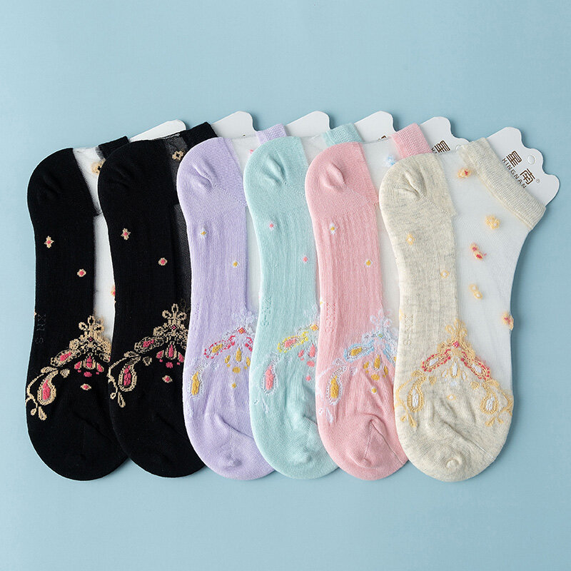 HYRAX Frauen Socken Stickerei Blumen Socken Neue Sommer Damen Mädchen der Transparente Spitze Mesh Floral Strumpfwaren Gaze Socken