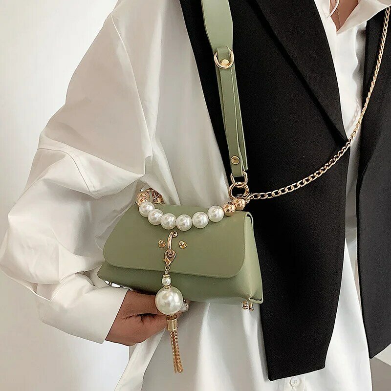 Bolso cruzado de piel sintética con cadena de perlas para mujer, bandolera elegante, a la moda, sencillo y Popular