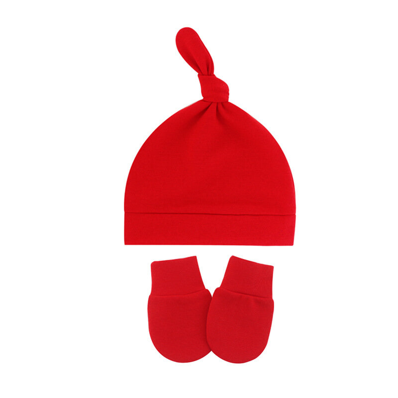 Cappello e guanti caldi in cotone morbido e confortevole per bambini Set di due pezzi cappellino per neonato annodato in tinta unita accessori per capelli per neonato