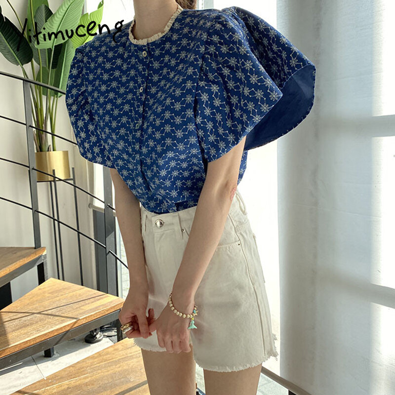 Yitimuceng floral blusa feminina camisas de grandes dimensões coreano moda voar manga escritório senhora luz azul escuro topos 2021 verão